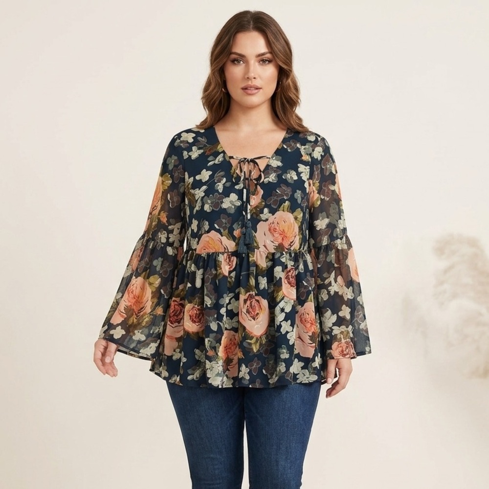 Show Me Your MuMu Navy Floral Tie-Front Peasant Top with Peach Roses Small
